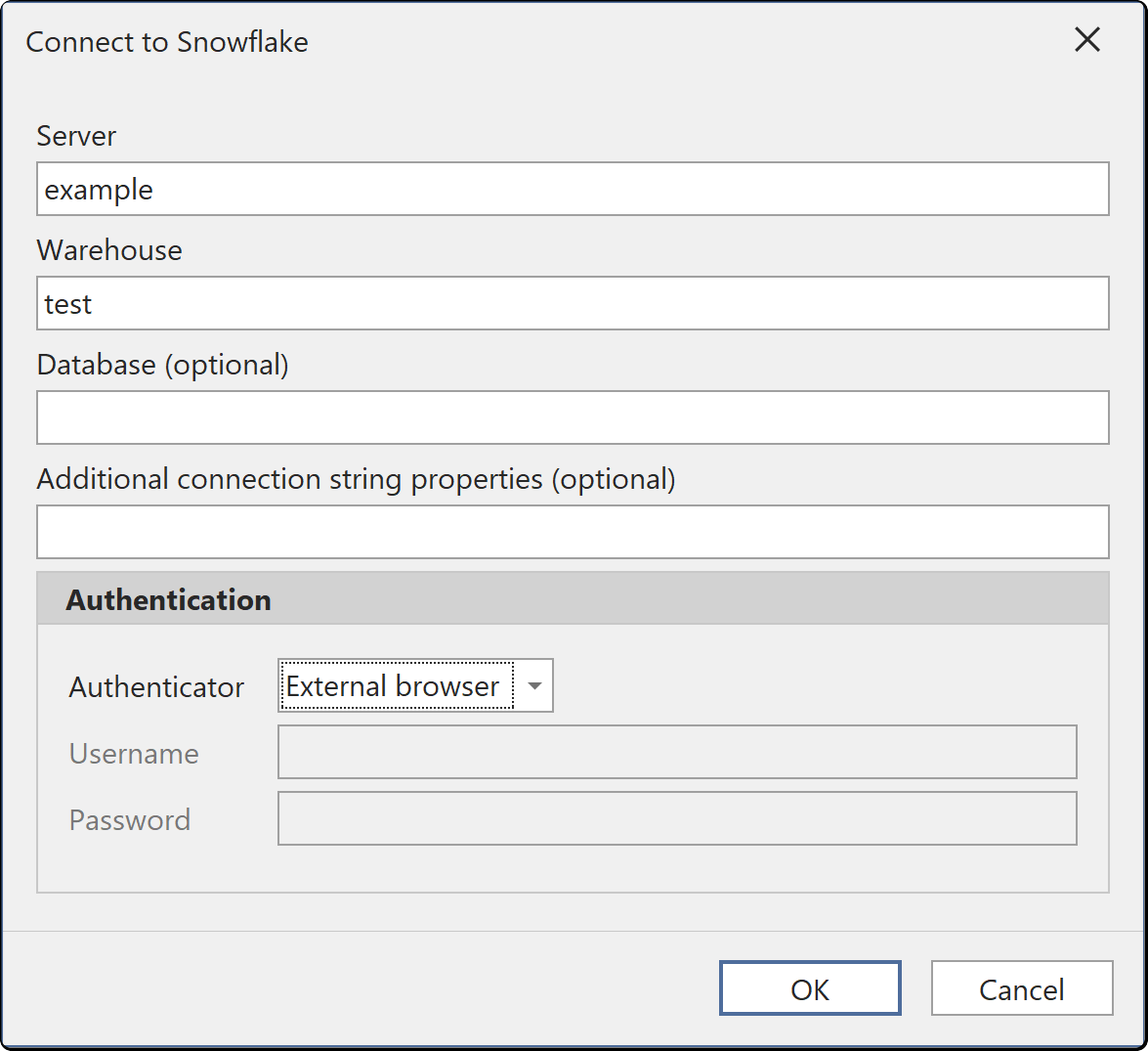 The Connect to Snowflake dialog, with External browser chosen in the Authenticator list and the user name and password fields disabled