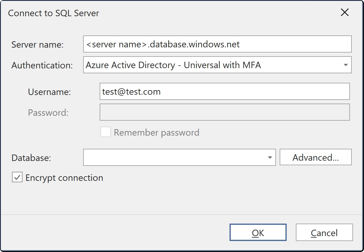 The Connect to SQL Server dialog, with Azure Active Directory - Universal with MFA chosen in the Authentication list