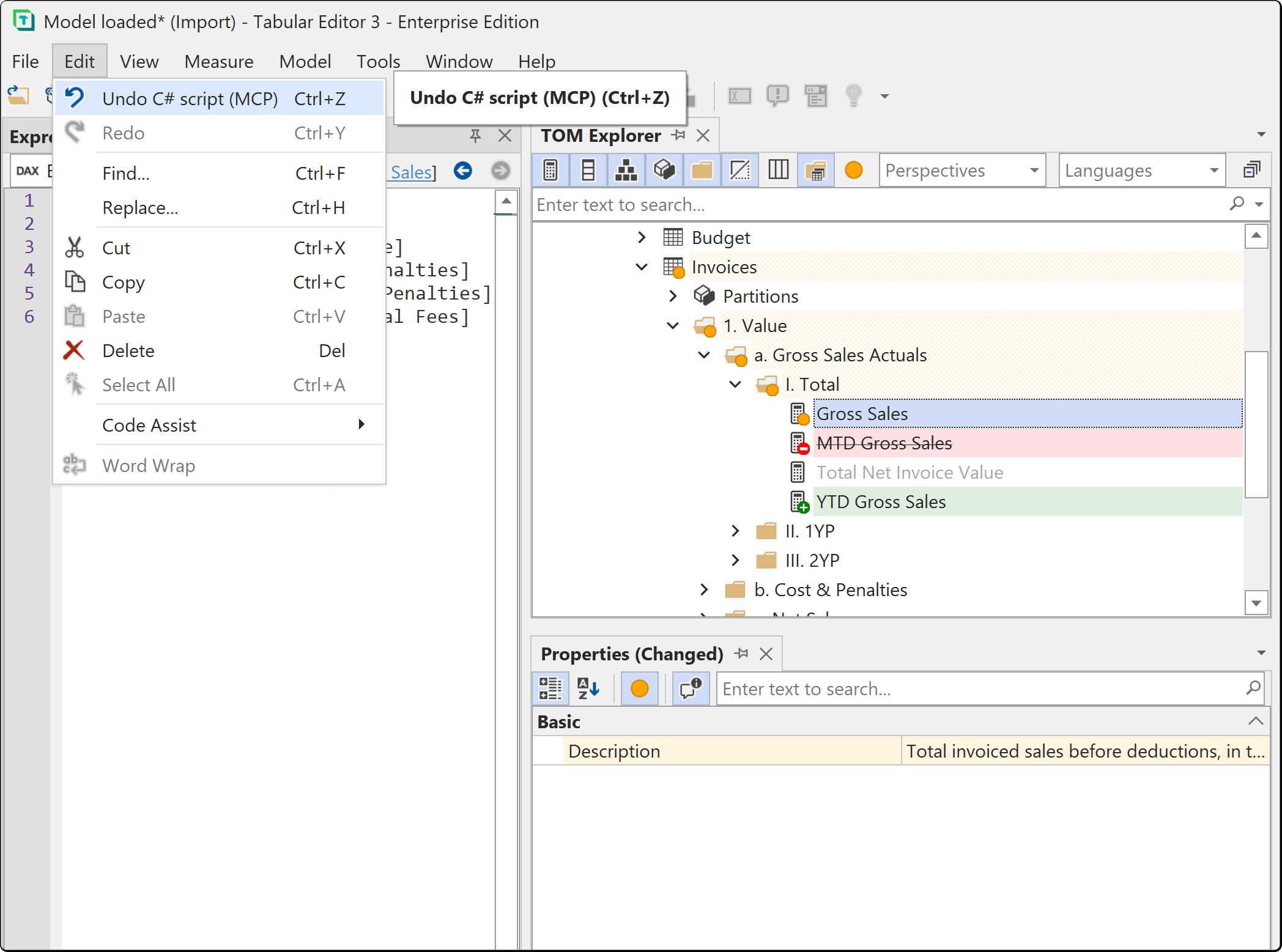 The Edit menu open on a single Undo C# script (MCP) entry, with the TOM Explorer beside it marking an added measure in green, a changed measure in orange and a deleted measure struck through in red, and the Properties view filtered to the one property the agent changed