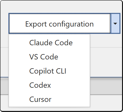 The Export configuration dropdown, expanded to list Claude Code, VS Code, Copilot CLI, Codex and Cursor