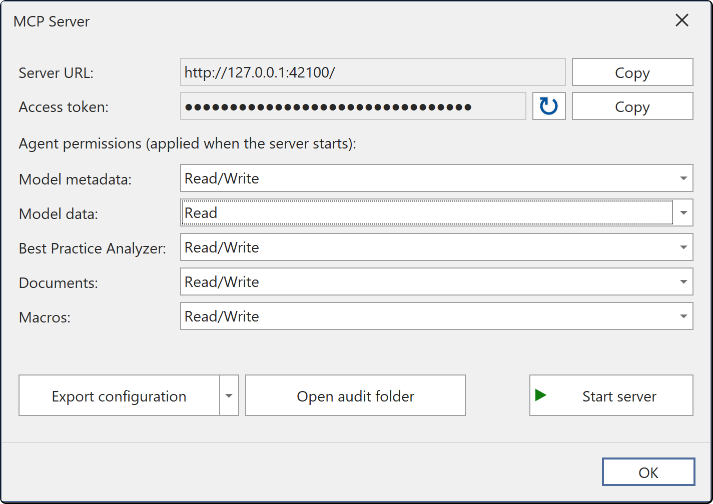 The MCP Server dialog, showing the server URL, a masked access token and the five agent permission rows