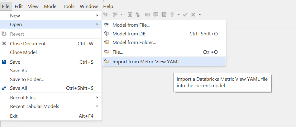 Import a Metric View from the file menu with File > Open > Import from Metric View YAML