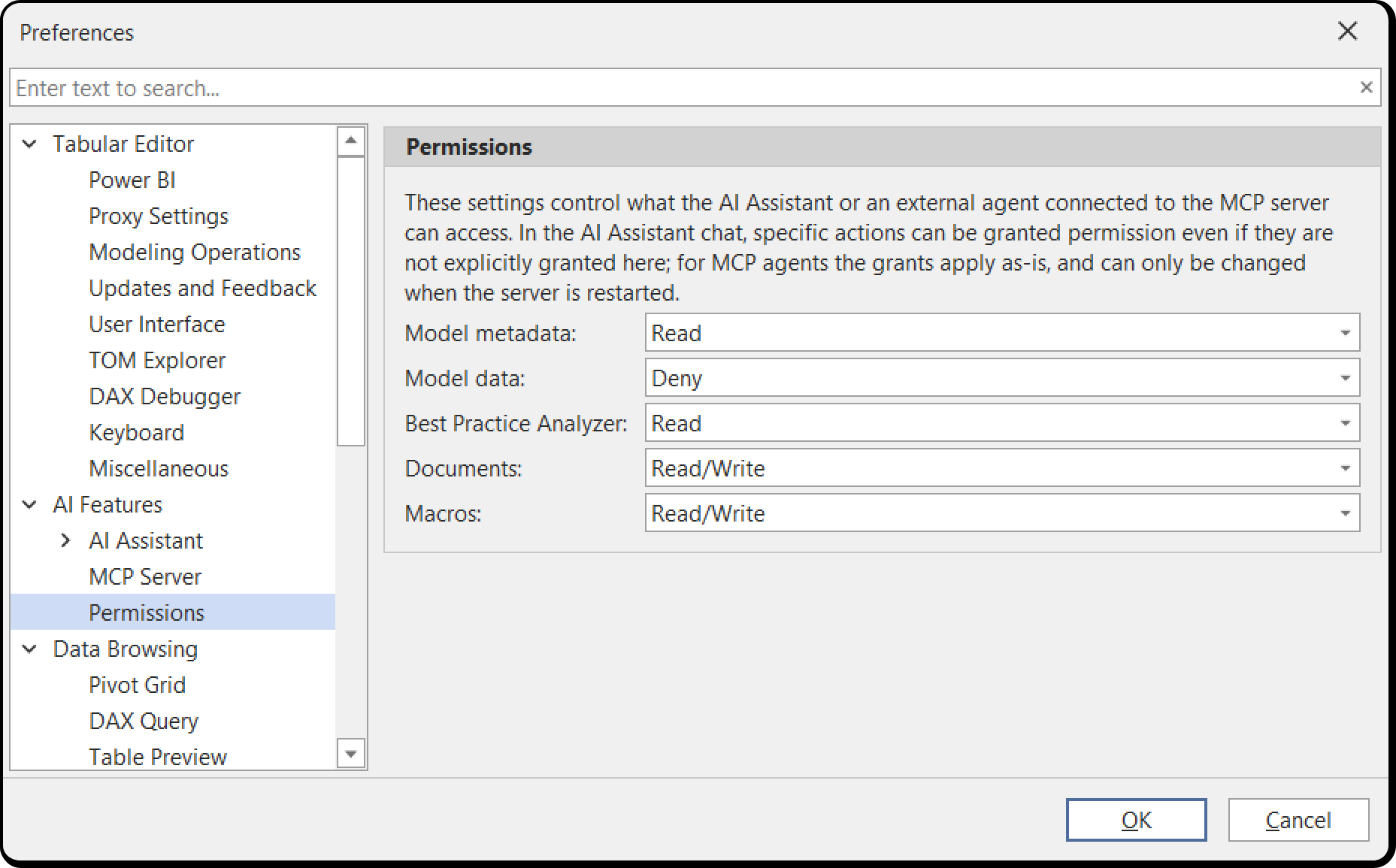 The AI Features Permissions page, with one dropdown per resource at its default level