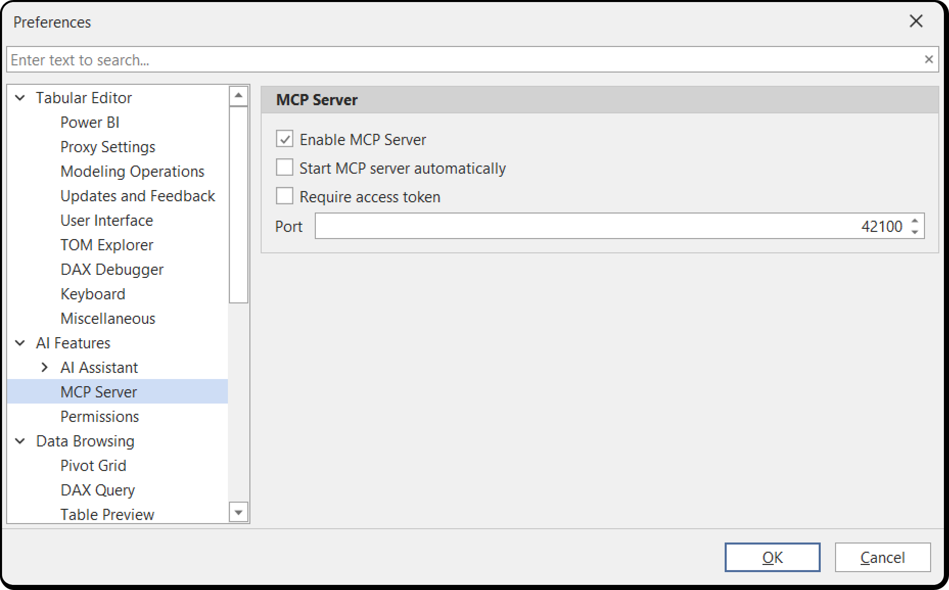 MCP Server preferences, showing Enable MCP Server, Start MCP server automatically, Require access token and the port