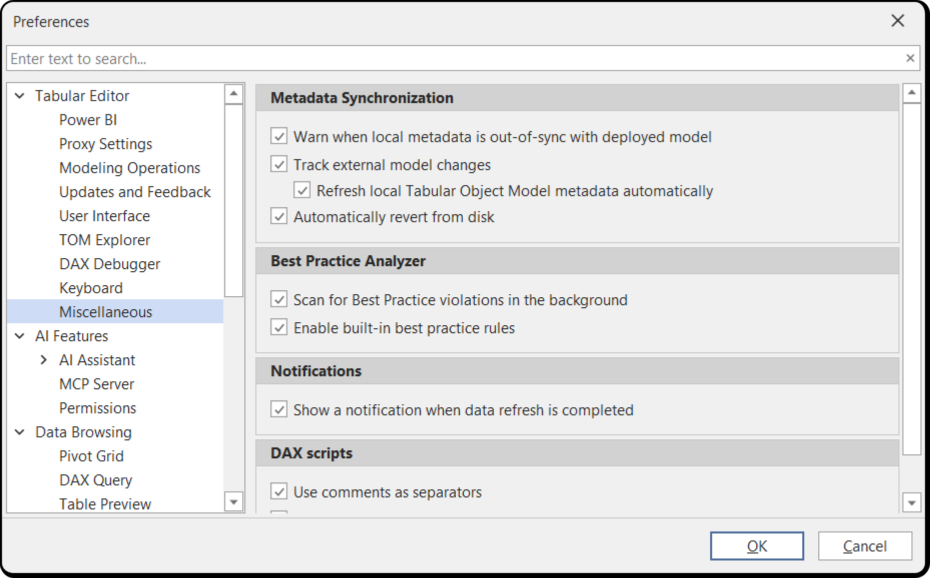 Tools > Preferences > Miscellaneous, showing the automatic reload setting under Metadata Synchronization