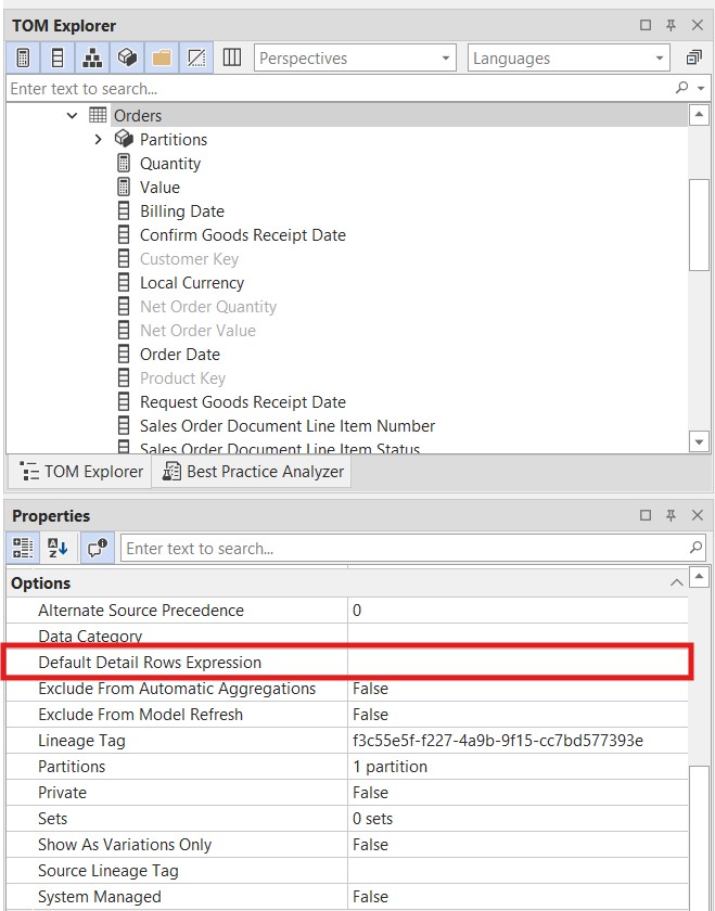 The Orders table selected in TOM Explorer, with the Default Detail Rows Expression property visible and empty in the Properties panel