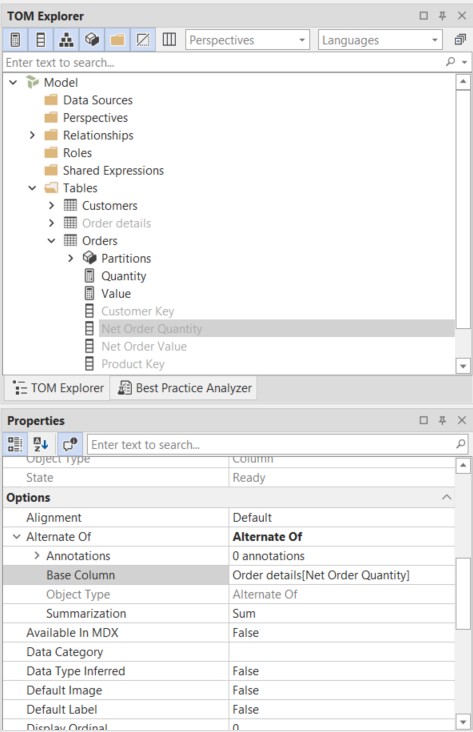 The Net Order Quantity column in Orders selected, with Alternate Of Base Column set to Order details[Net Order Quantity] and Summarization set to Sum