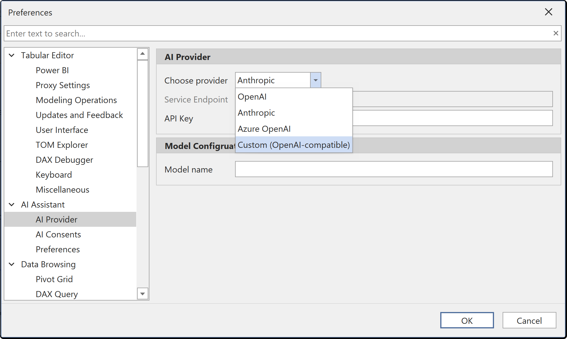 Selección del proveedor del Asistente de IA en Preferencias
