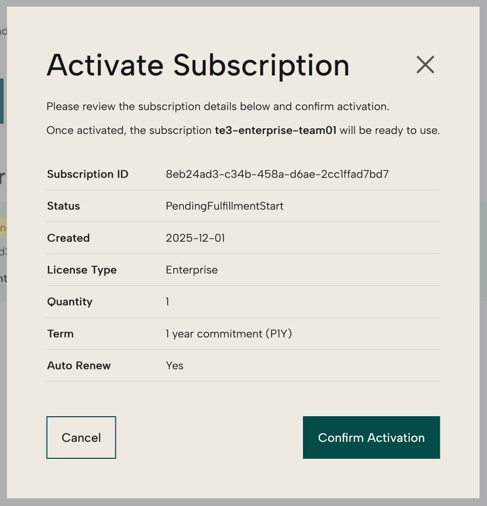 Azure Marketplace activate subscription