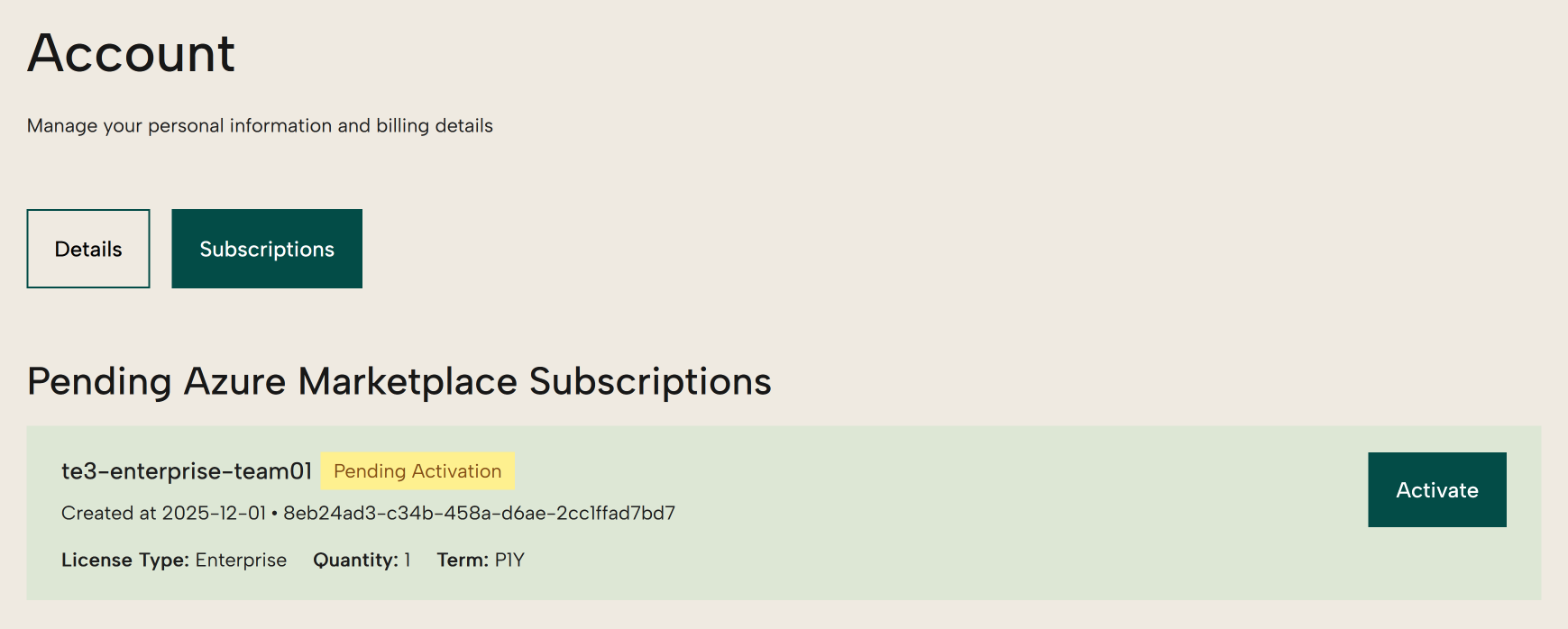 Suscripción pendiente en Azure Marketplace