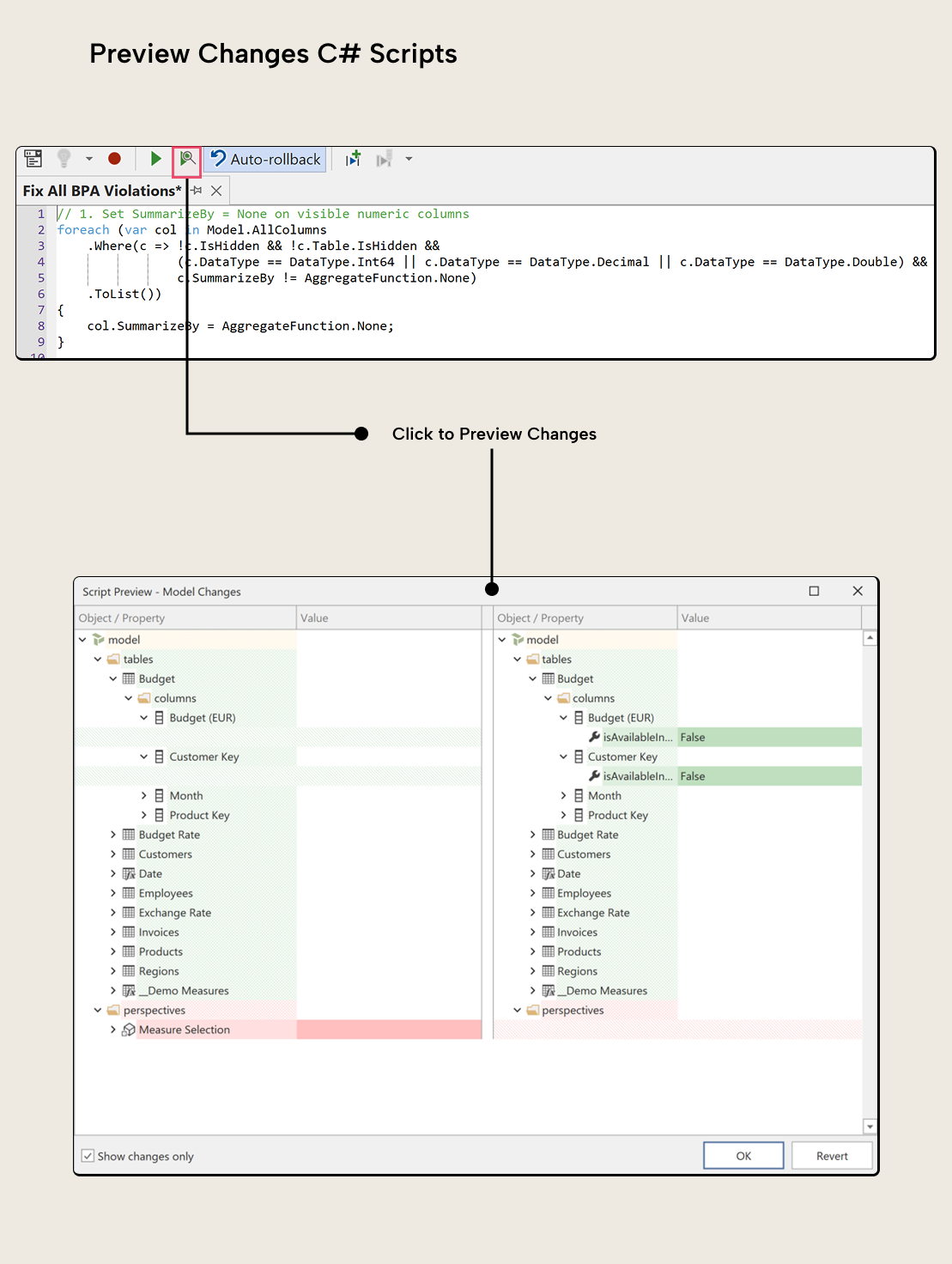 Vista previa del script: cambios en el modelo