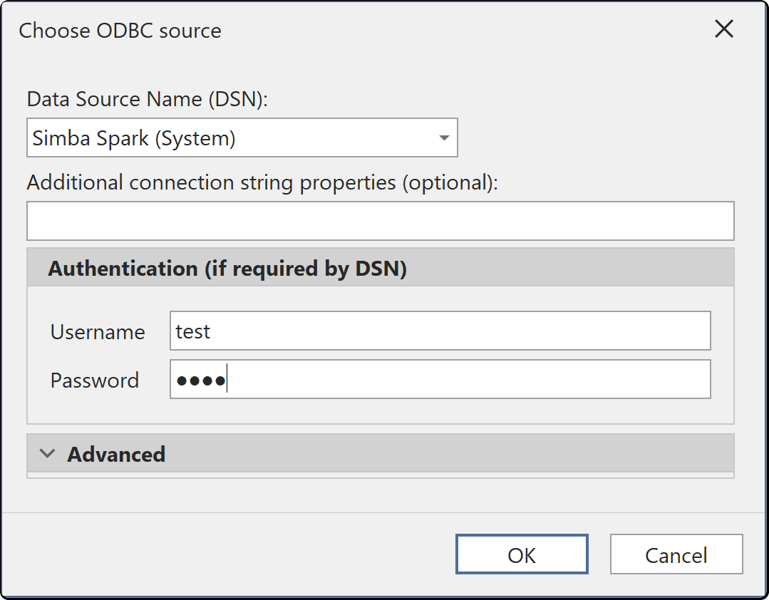 Cuadro de diálogo para elegir un origen ODBC, con un DSN del sistema seleccionado y un nombre de usuario y una contraseña introducidos