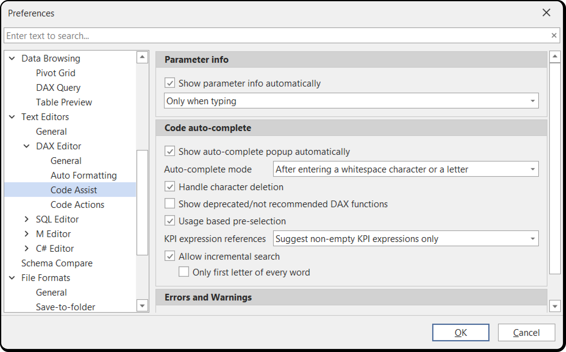 Preferencias de Code Assist del Editor de DAX