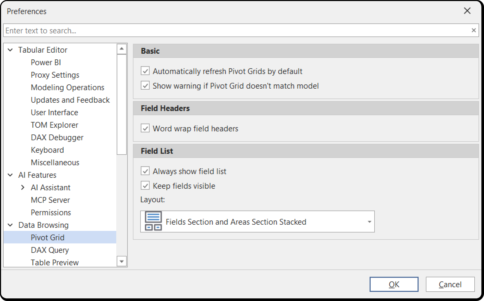 Preferencias de Pivot Grid