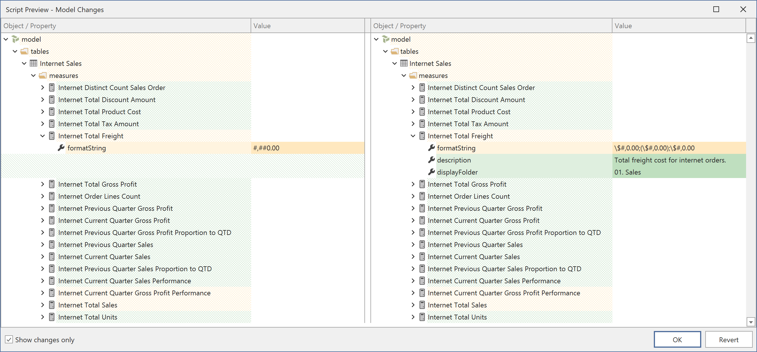 Vista previa del script: cambios del modelo