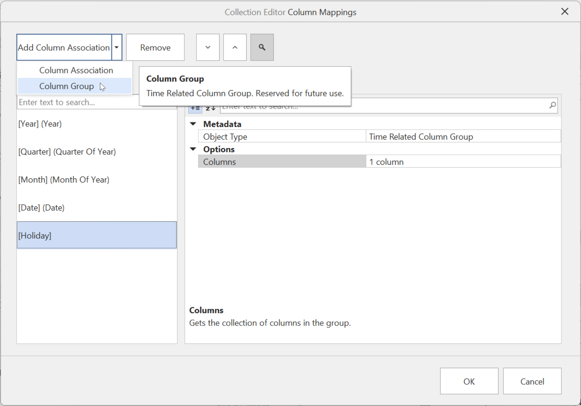 Adding a Column Group for time-related columns