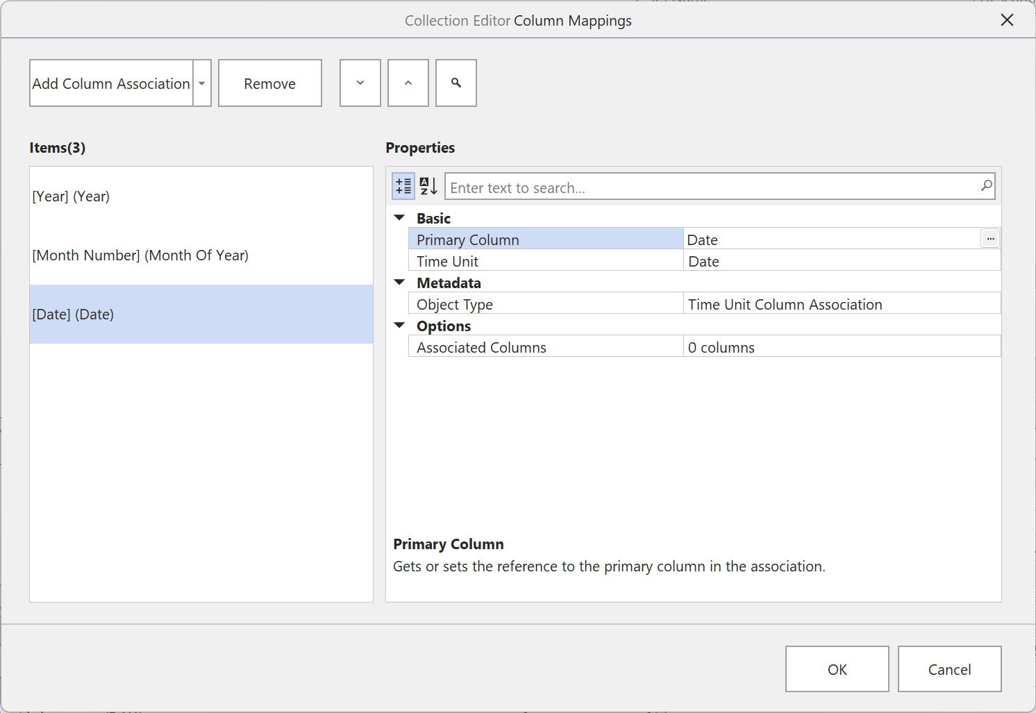 Column associations in the Collection Editor