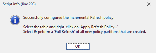 A confirmation dialog that acknowledges you have configured the refresh policy