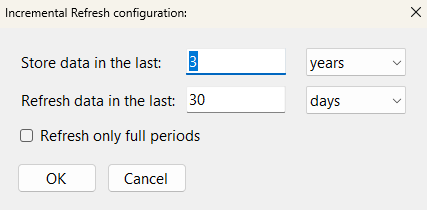 The prompt that helps you configure incremental refresh based on selected columns