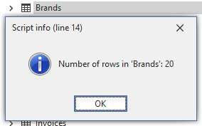 Example of the dialog pop-up that informs the user of how many rows are in the selected table upon running the script.