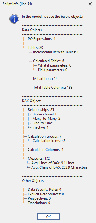 Example of the dialog pop-up that informs the user of how many rows are in the selected table upon running the script.