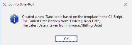 Confirmation of the date table being created