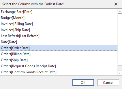 Select Earliest date dialog