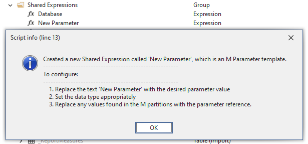An example of the Info box that appears to inform the user that the M Parameter was successfully created, and recommending next steps to configure / use it in the M Partitions.