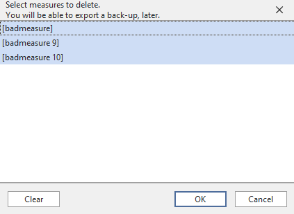 A selection dialog that lets the user select measures to delete