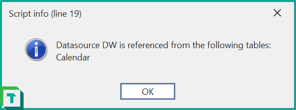 Example of the dialog pop-up that informs the user which tables use the selected data source