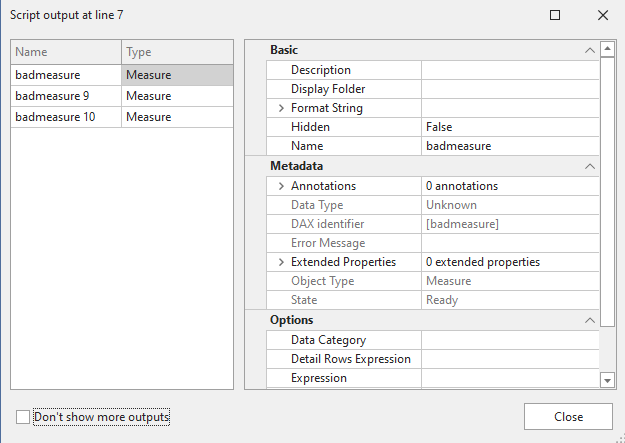An output dialog that lets the user view and edit any measures with errors in Tabular Editor