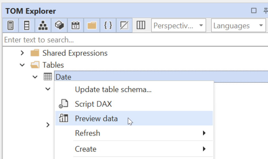 Preview Data option in context menu