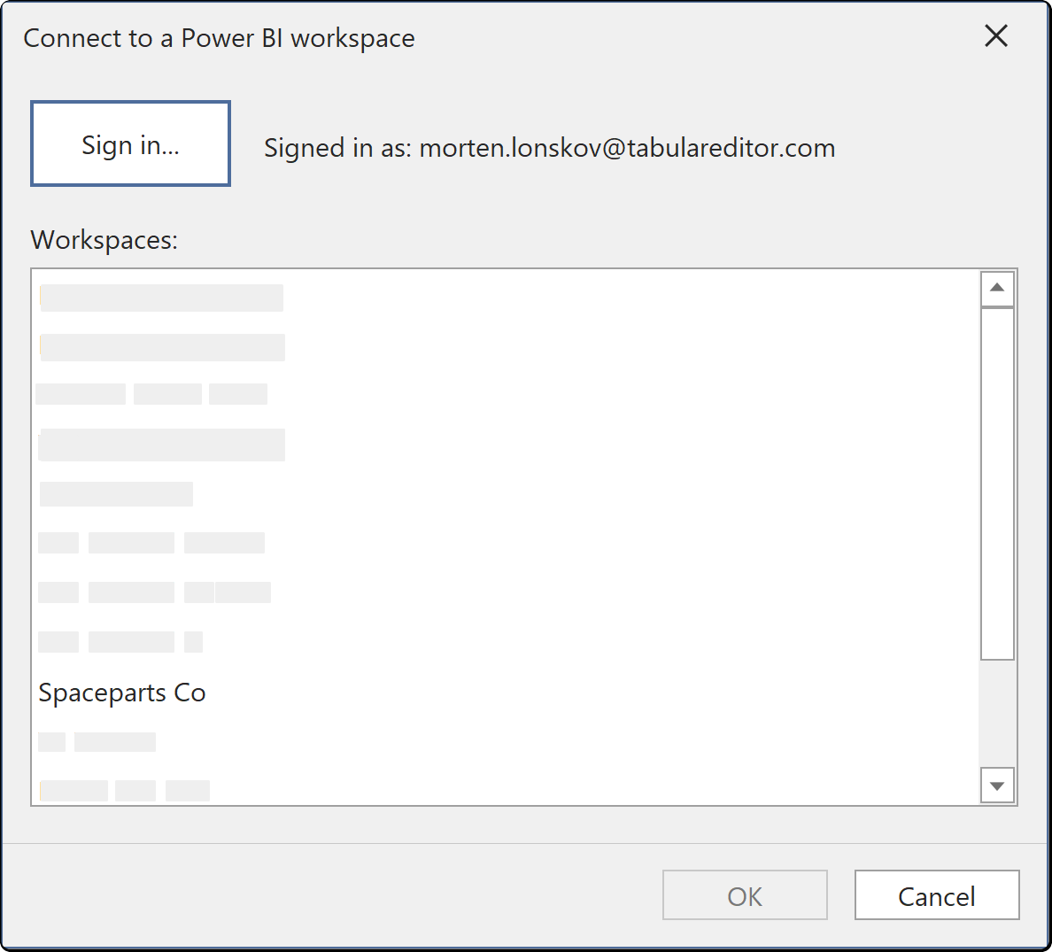 “连接到 Power BI Workspace”对话框,其中列出了已登录账户所属的 Workspace