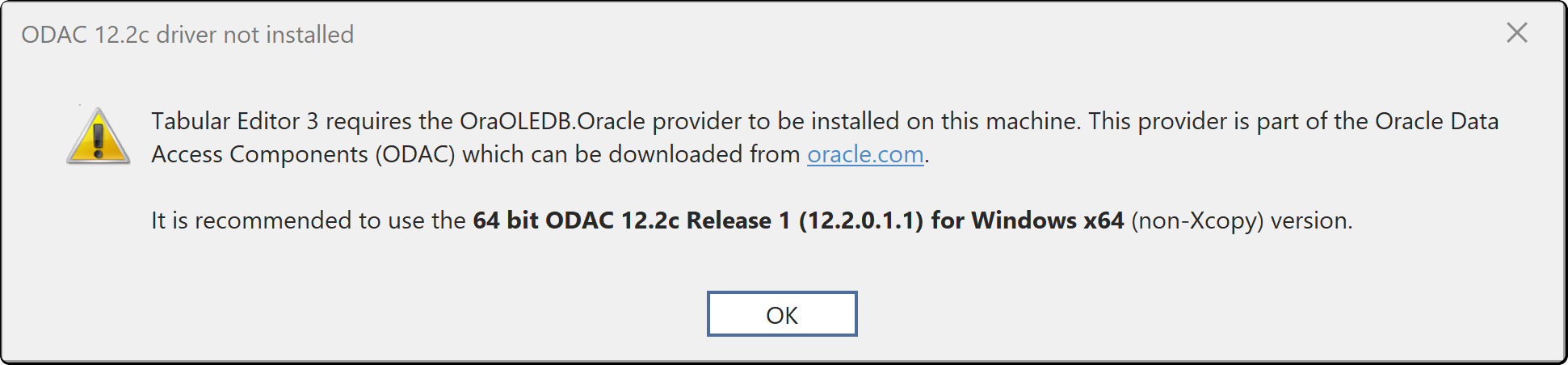 未安装 ODAC 驱动程序的警告，提示 Tabular Editor 3 需要 Oracle Data Access Components 中的 OraOLEDB.Oracle 提供程序