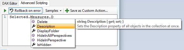 IntelliSense 帮助你为 Tabular Editor 创建脚本