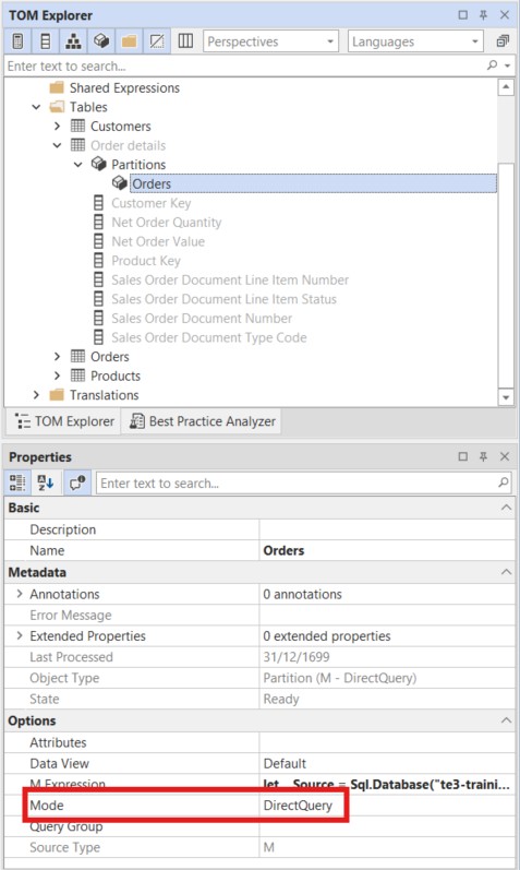 The Order details partition selected in TOM Explorer with Mode set to DirectQuery in the Properties panel