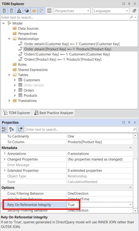 The relationship from Order details to Products selected in TOM Explorer, with Rely On Referential Integrity set to True in the Properties panel
